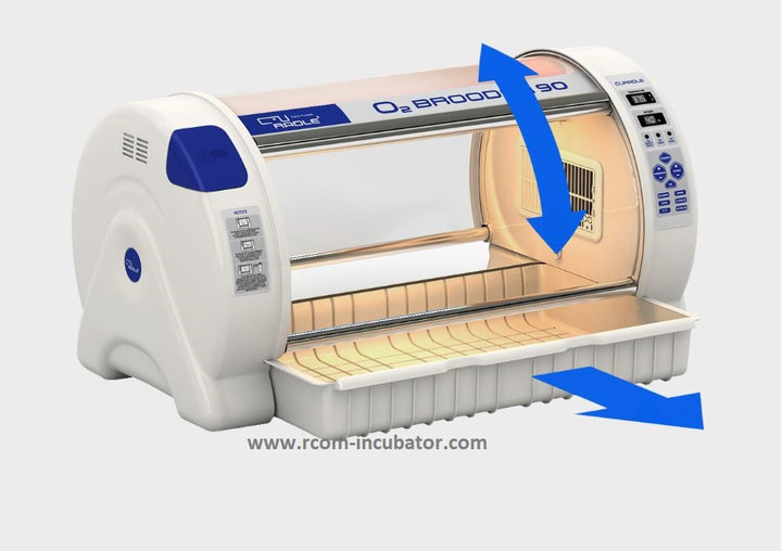 A picture of the white and blue oxygen brooder 90 with a removable tray and a sliding window.
