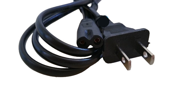 A black two-prong power cord for Rcom incubators.
