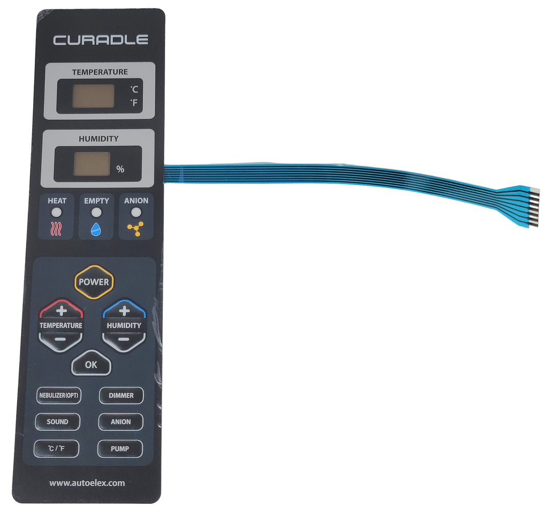 A replacement membrane for Rcom Avian and Pet Brooder with various control buttons including temperature, humidity, heat, and power.