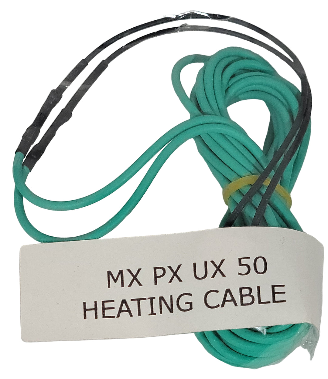 A coiled silicone heating cable with black insulation, labeled 'MX-PX 50 Heating Cable'.