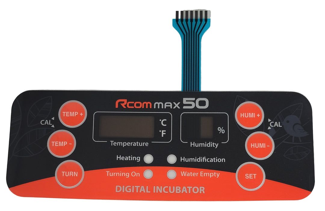 Replacement membrane keypad for Rcom Max 50 incubators, featuring a digital display and multiple control buttons for temperature, humidity, and other settings.
