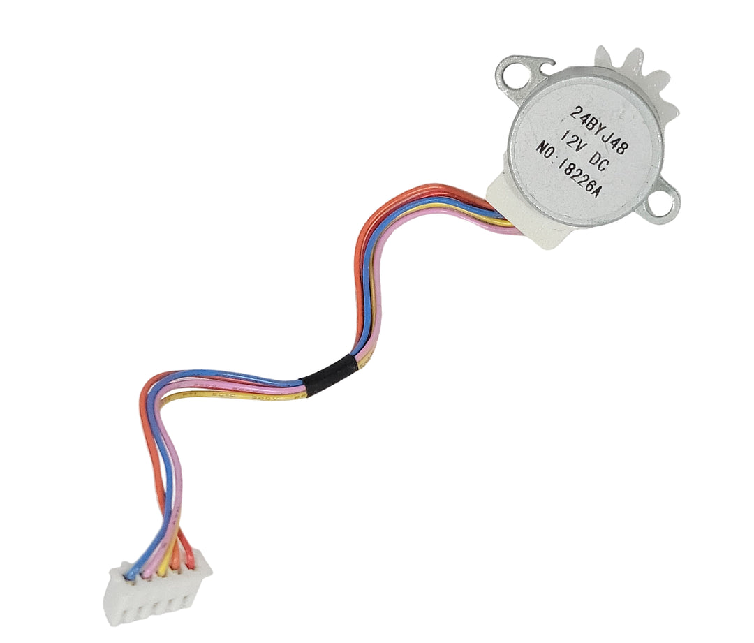 A geared turning motor with multicolored wires, a white pinion gear, and a silver metal housing.