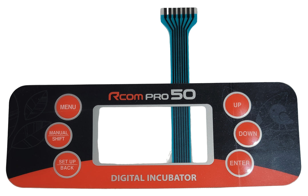 A membrane keypad with various buttons including menu, up, down, and enter, labeled for a digital incubator.