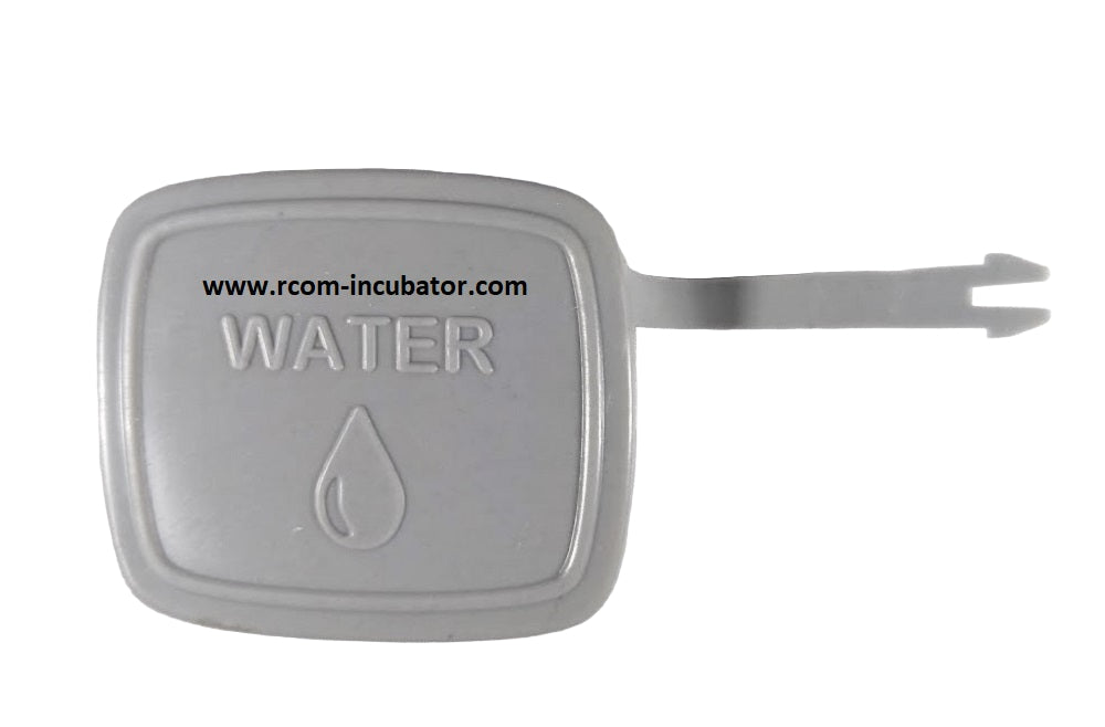 A gray Rcom water reservoir cap for MX, PX, and UX 50 incubators, with a label showing the word 'WATER' and a drop symbol.