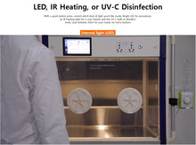 Load image into Gallery viewer, The ICU incubator has three light modes: LED, IR heating for a cozy interior or UV-C for disinfection. All of the light modes can be easily switched with the press of a button on the LCD touchscreen menu
