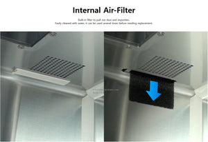 A built-in air filter pulls out dust and impurities, it is easily cleaned with water and can be used for about a year without needing to be replaced. 